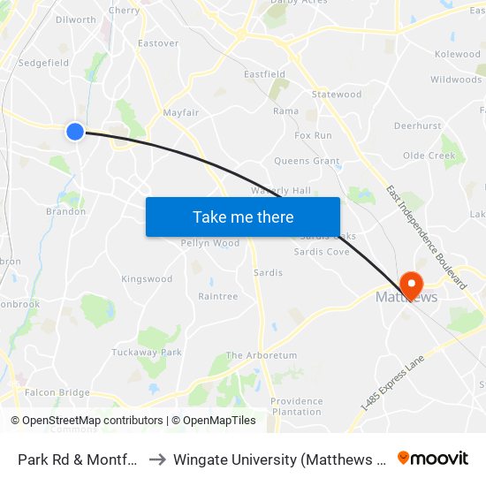 Park Rd & Montford Dr to Wingate University (Matthews  Campus) map