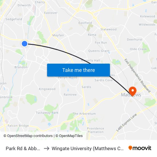 Park Rd & Abbey Pl to Wingate University (Matthews  Campus) map