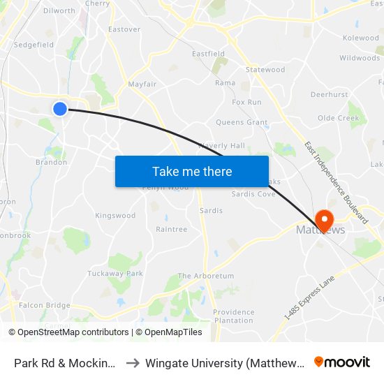 Park Rd & Mockingbird Ln to Wingate University (Matthews  Campus) map