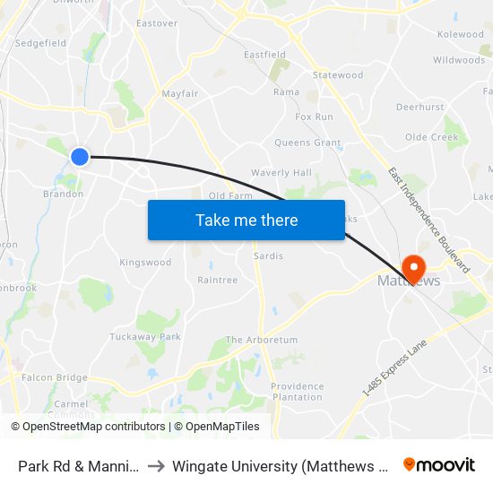 Park Rd & Manning Dr to Wingate University (Matthews  Campus) map