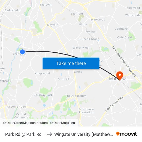 Park Rd @ Park Road Park to Wingate University (Matthews  Campus) map