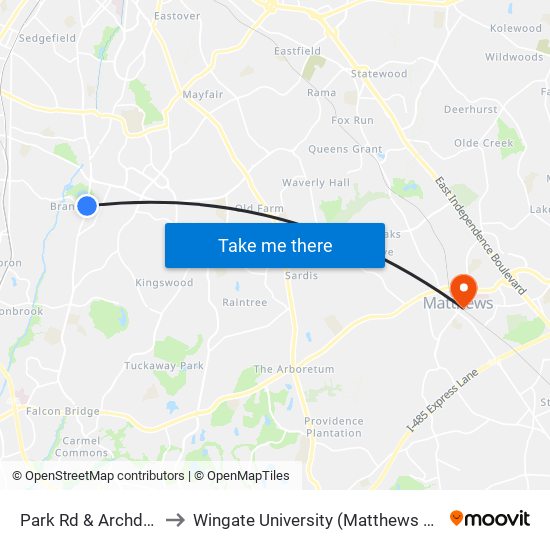 Park Rd & Archdale Dr to Wingate University (Matthews  Campus) map