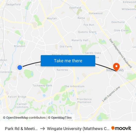 Park Rd & Meeting St to Wingate University (Matthews  Campus) map