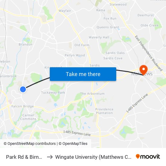 Park Rd & Birnen Dr to Wingate University (Matthews  Campus) map