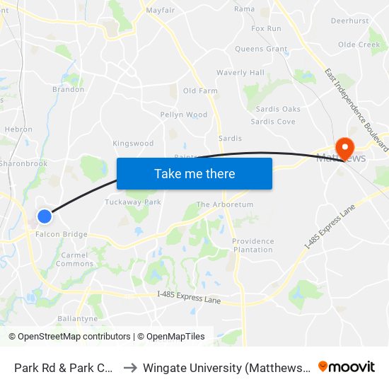 Park Rd & Park Cedar Dr to Wingate University (Matthews  Campus) map