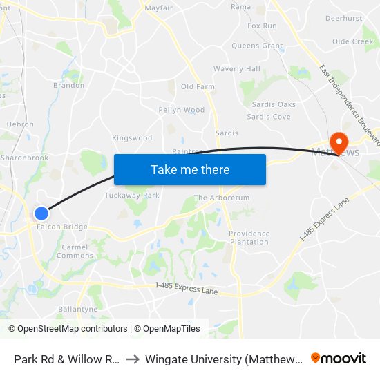 Park Rd & Willow Ridge Rd to Wingate University (Matthews  Campus) map