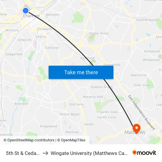 5th St & Cedar St to Wingate University (Matthews  Campus) map