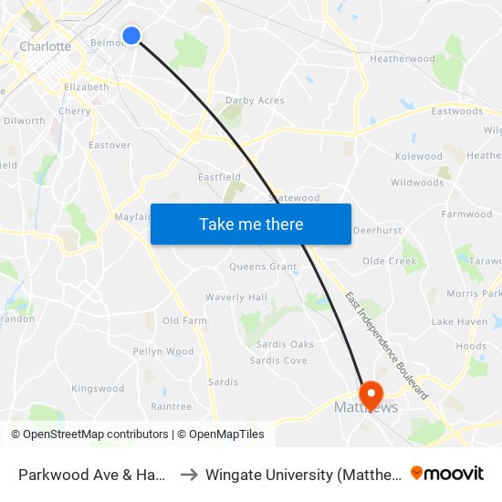 Parkwood Ave & Hawthorne Ln to Wingate University (Matthews  Campus) map