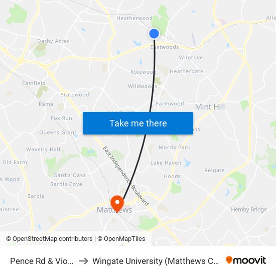 Pence Rd & Viola Dr to Wingate University (Matthews  Campus) map