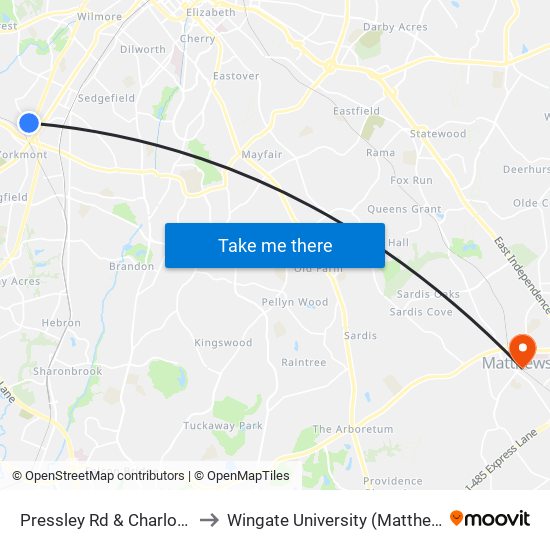 Pressley Rd & Charlotte Park Dr to Wingate University (Matthews  Campus) map