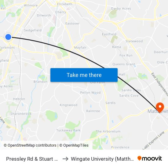 Pressley Rd & Stuart Andrew Blvd to Wingate University (Matthews  Campus) map