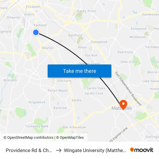 Providence Rd & Cherokee Rd to Wingate University (Matthews  Campus) map