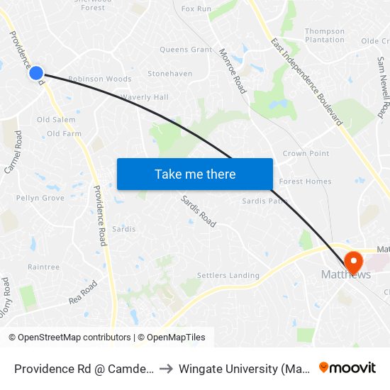 Providence Rd @ Camden Pinehurst Apts to Wingate University (Matthews  Campus) map