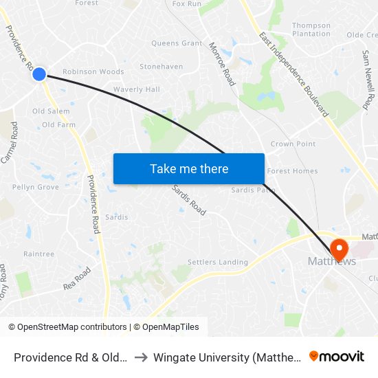 Providence Rd & Old Sardis Rd to Wingate University (Matthews  Campus) map