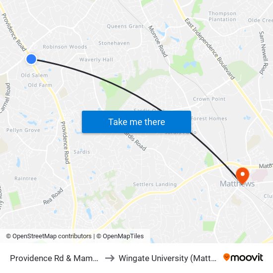 Providence Rd & Mammoth Oaks Dr to Wingate University (Matthews  Campus) map