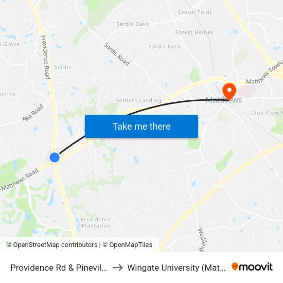 Providence Rd & Pineville-Matthews Rd to Wingate University (Matthews  Campus) map