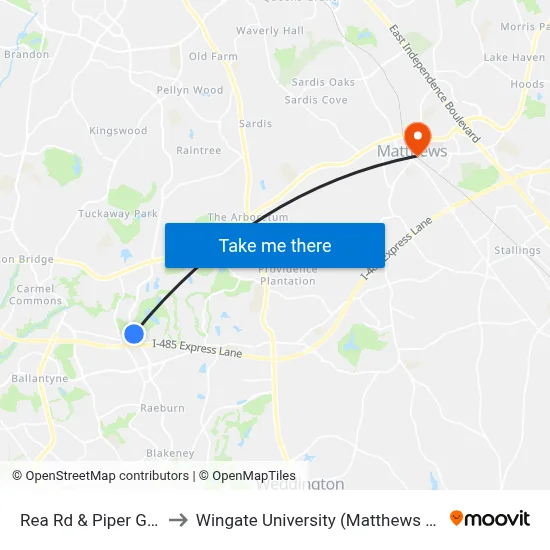Rea Rd & Piper Glen Dr to Wingate University (Matthews  Campus) map