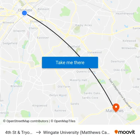 4th St & Tryon St to Wingate University (Matthews  Campus) map