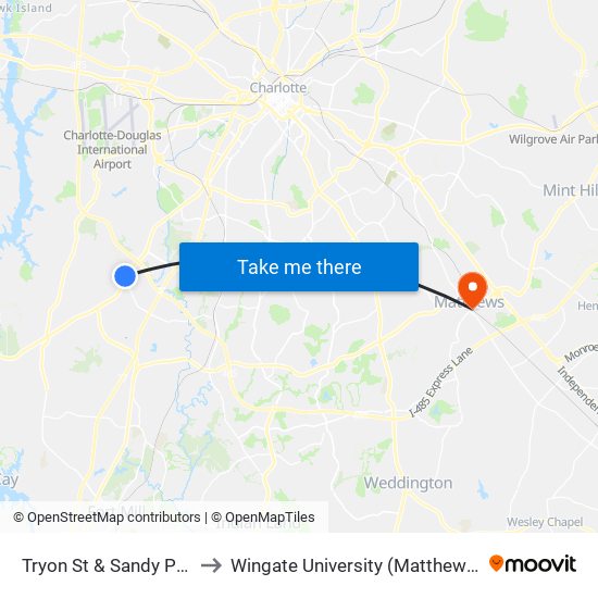 Tryon St & Sandy Porter Rd to Wingate University (Matthews  Campus) map