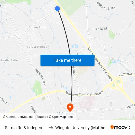 Sardis Rd & Independence Blvd to Wingate University (Matthews  Campus) map