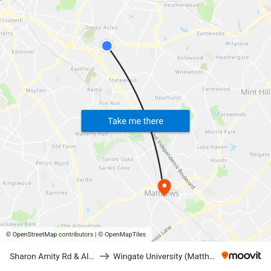 Sharon Amity Rd & Albemarle Rd to Wingate University (Matthews  Campus) map