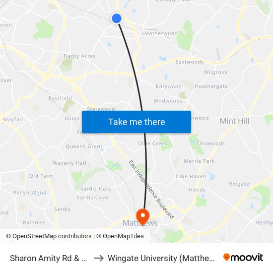 Sharon Amity Rd & Milton Rd to Wingate University (Matthews  Campus) map