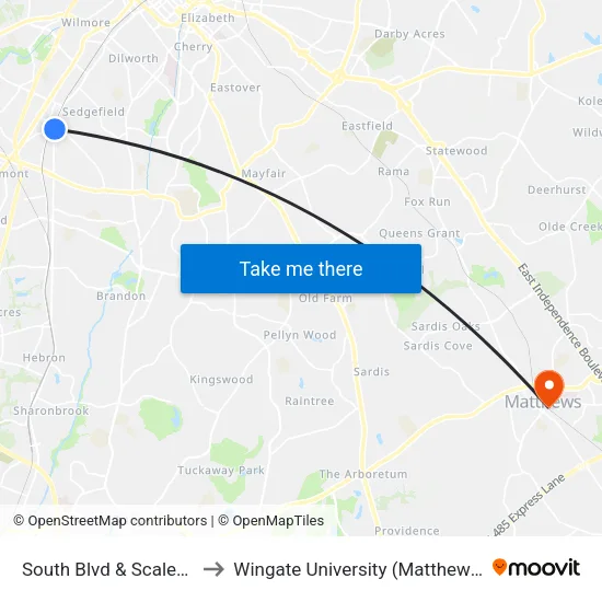 South Blvd & Scaleybark Rd to Wingate University (Matthews  Campus) map