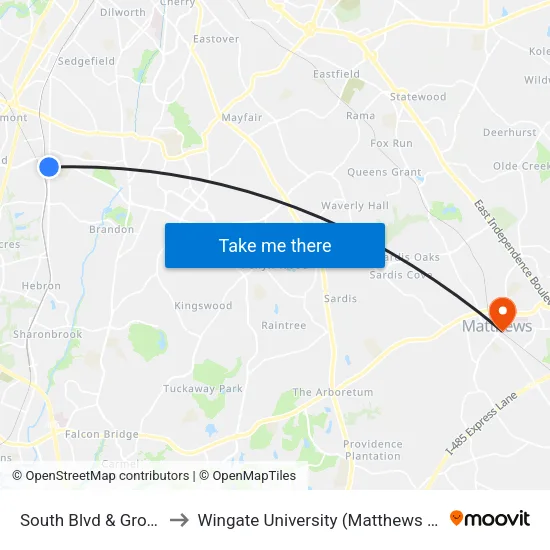 South Blvd & Grover Rd to Wingate University (Matthews  Campus) map