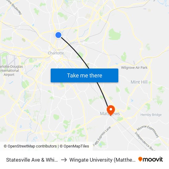 Statesville Ave & Whittington St to Wingate University (Matthews  Campus) map