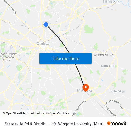 Statesville Rd & Distribution Center Dr to Wingate University (Matthews  Campus) map