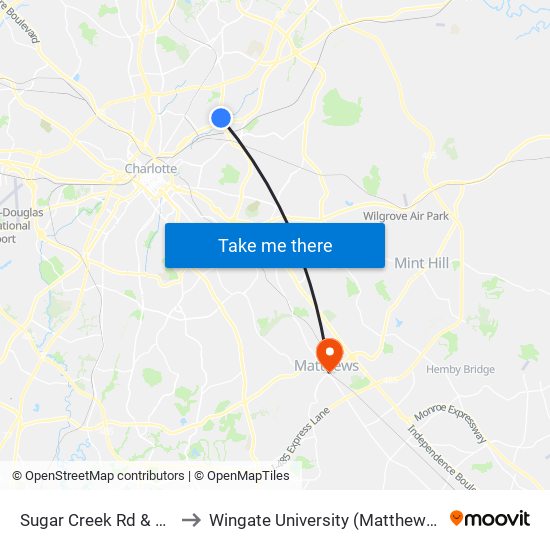 Sugar Creek Rd & Tryon St to Wingate University (Matthews  Campus) map