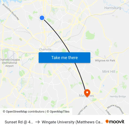Sunset Rd @ 4525 to Wingate University (Matthews  Campus) map