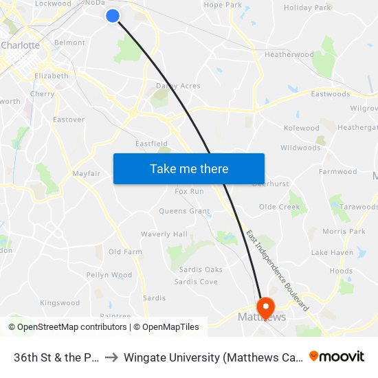 36th St & the Plaza to Wingate University (Matthews  Campus) map