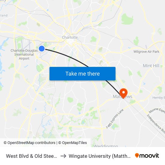 West Blvd & Old Steele Creek Rd to Wingate University (Matthews  Campus) map