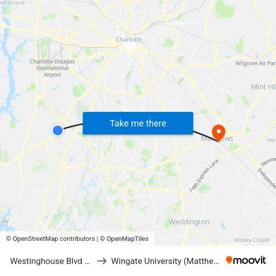 Westinghouse Blvd & Tryon St to Wingate University (Matthews  Campus) map
