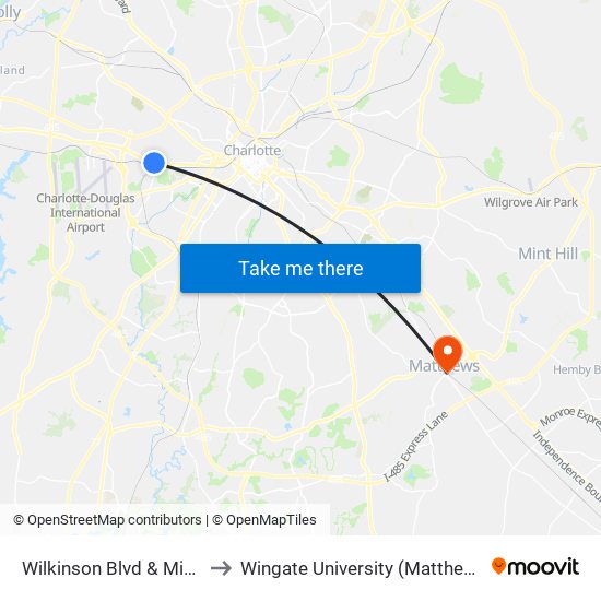 Wilkinson Blvd & Midland Ave to Wingate University (Matthews  Campus) map