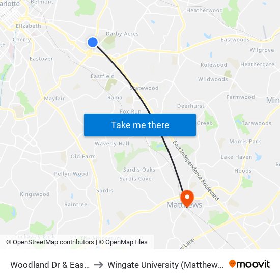 Woodland Dr & Eastway Dr to Wingate University (Matthews  Campus) map