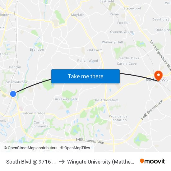 South Blvd @ 9716 (Texaco) to Wingate University (Matthews  Campus) map