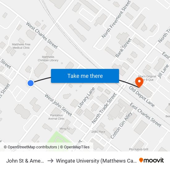 John St & Ames Rd to Wingate University (Matthews  Campus) map