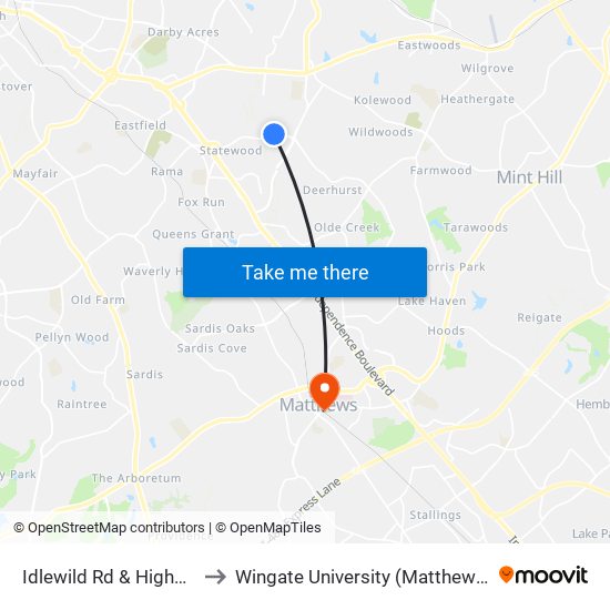 Idlewild Rd & Highbrook Dr to Wingate University (Matthews  Campus) map