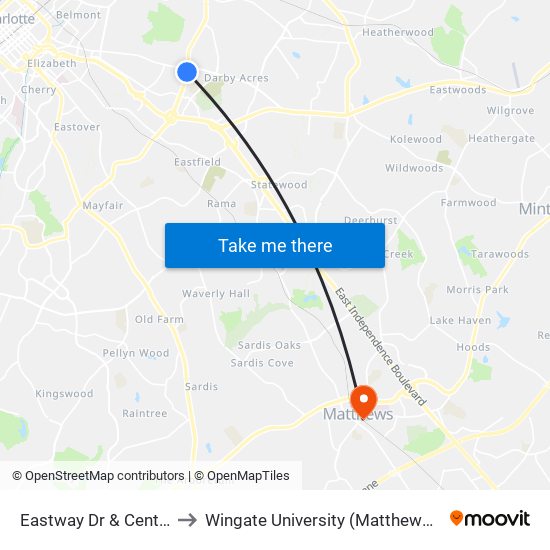 Eastway Dr & Central Ave to Wingate University (Matthews  Campus) map