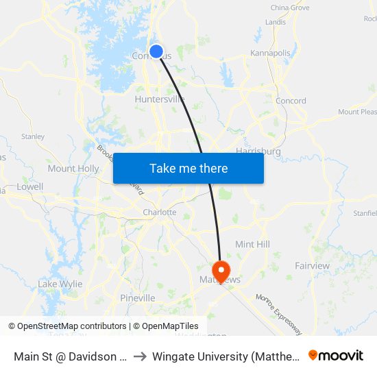 Main St @ Davidson Town Hall to Wingate University (Matthews  Campus) map