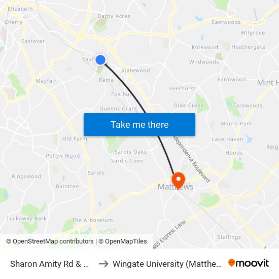 Sharon Amity Rd & Monroe Rd to Wingate University (Matthews  Campus) map
