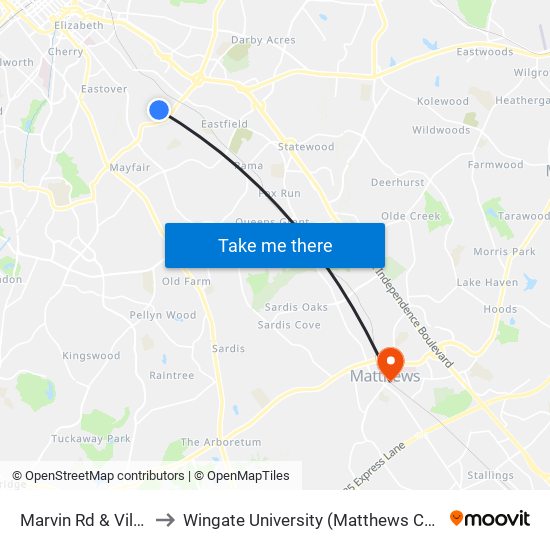 Marvin Rd & Villa Ct to Wingate University (Matthews  Campus) map