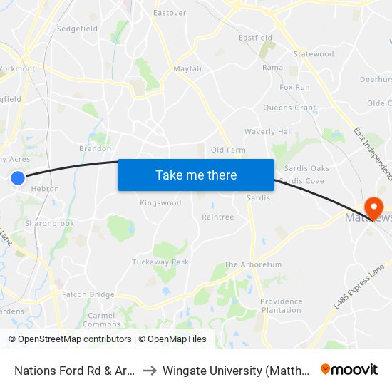 Nations Ford Rd & Arrowood Rd to Wingate University (Matthews  Campus) map