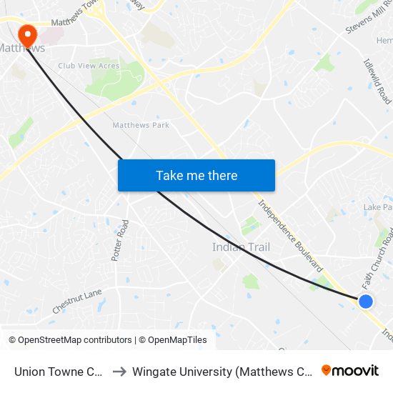 Union Towne Center to Wingate University (Matthews  Campus) map