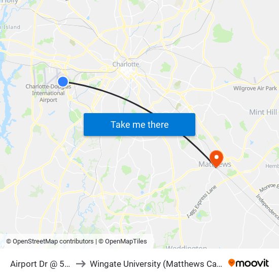 Airport Dr @ 5213 to Wingate University (Matthews  Campus) map