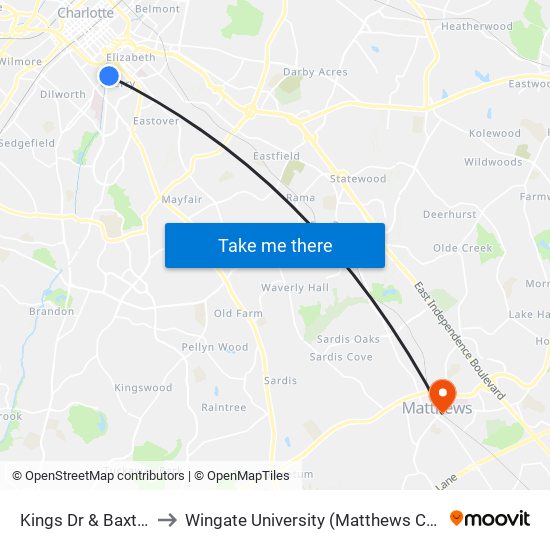 Kings Dr & Baxter St to Wingate University (Matthews  Campus) map