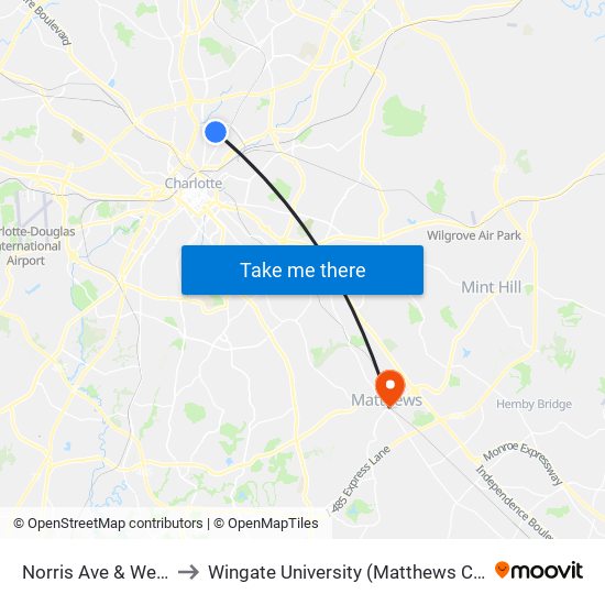 Norris Ave & Wells St to Wingate University (Matthews  Campus) map