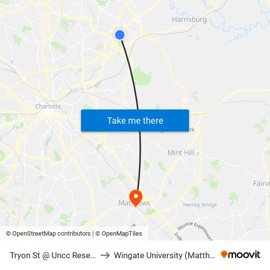 Tryon St @ Uncc Research Center to Wingate University (Matthews  Campus) map